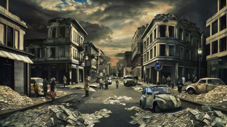 reality of inflation depicted in ruins of once vibrant city despite availability of cash